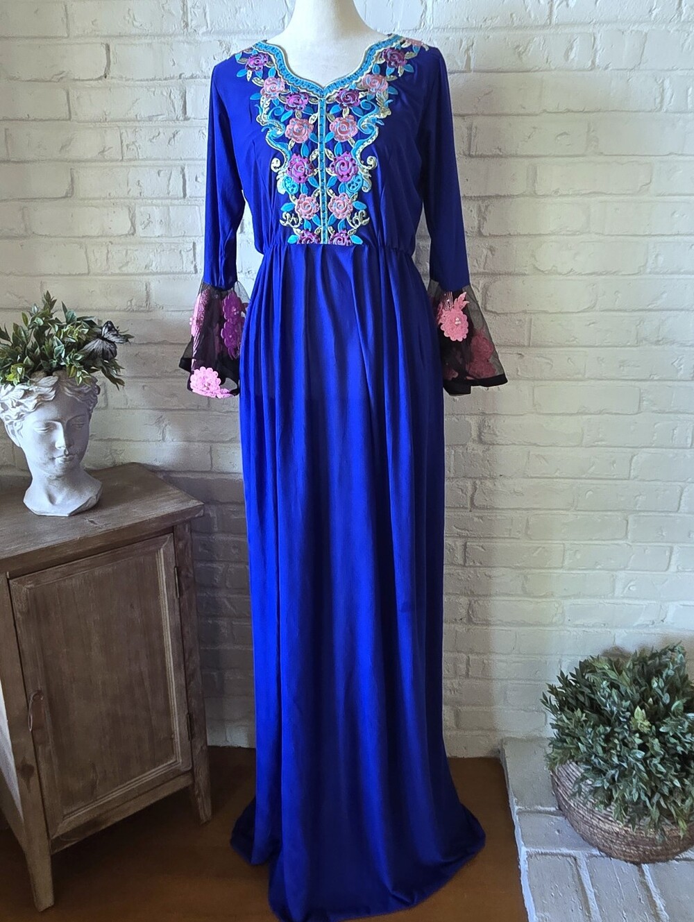Vtg 70s Floral Embroidered Maxi Dress, Pearl + Rhinestone, S, Fairy, Party